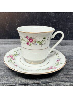 Vintage Truly Tasteful Fine China Cup Saucer Pink Floral Gold Trim Tea Set 1980s